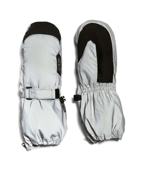 TykeMitt-A pair of XTM snow mittens in light gray and black, shown flat against a white background.