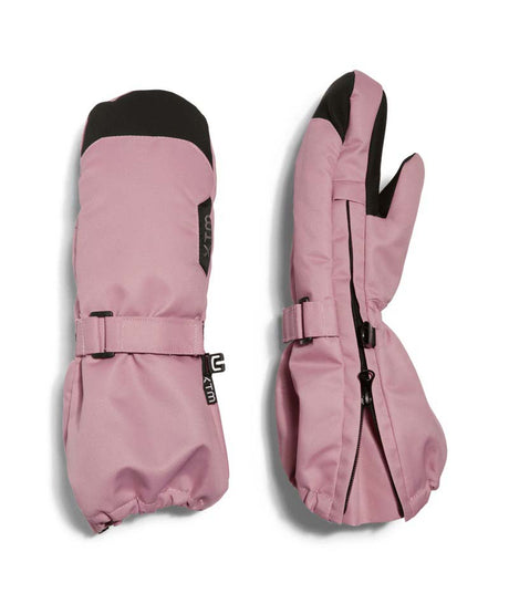 TykeMitt- A pair of pink ski gloves with black accents on the fingertips and wrist straps, displayed against a clean white background.