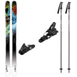 Ufo95w_Strive14- A ski and touring equipment set on a plain white background, including a pair of skis with colorful abstract graphics, two black ski bindings, and two black ski poles with white branding.