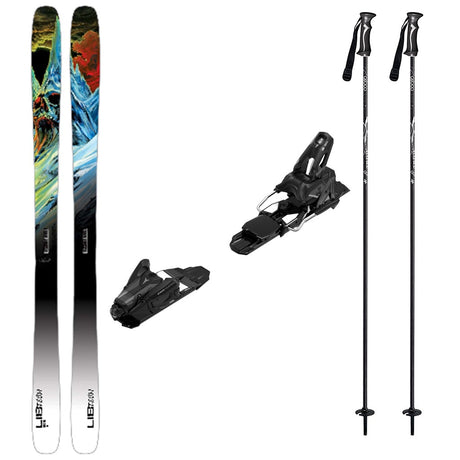 Ufo95w_Strive14- A ski and touring equipment set on a plain white background, including a pair of skis with colorful abstract graphics, two black ski bindings, and two black ski poles with white branding.