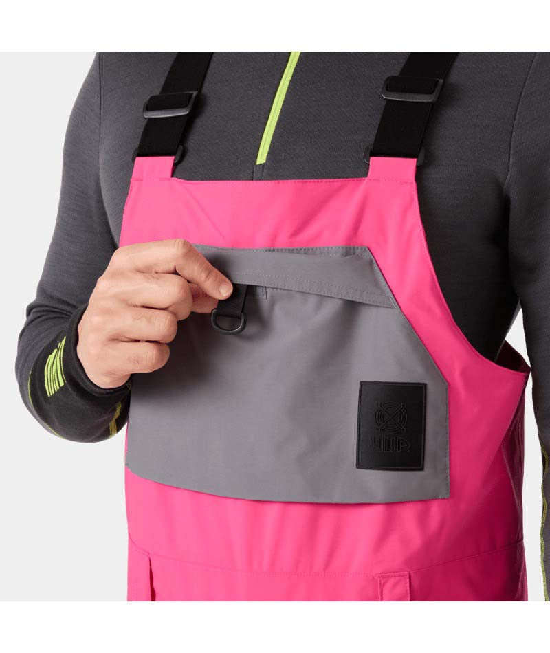 UllrDBibShellPant- Pink bib overalls with black accents on a white background