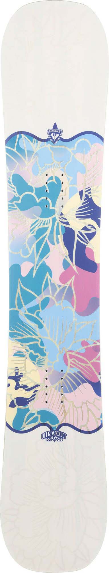 Ultraviolet- Cream snowboard with a multicolored graphic in the middle on a white background