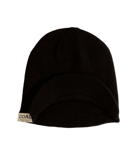 UniformBrimBeanie- Black beanie with a brand label on a white background