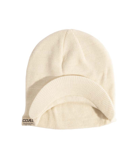 UniformBrimBeanie- Off white beanie with a brand label on a white background