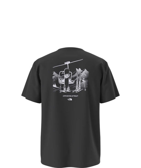 UnisexOppositesAttractRelaxedShort-SleeveTee- Black T-shirt with a chair lift, snowboard, and skis on the back on a white background