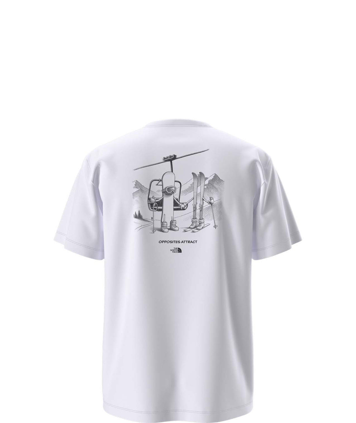 UnisexOppositesAttractRelaxedShort-SleeveTee- White T-shirt with a chair lift, snowboard, and skis on the back on a white background