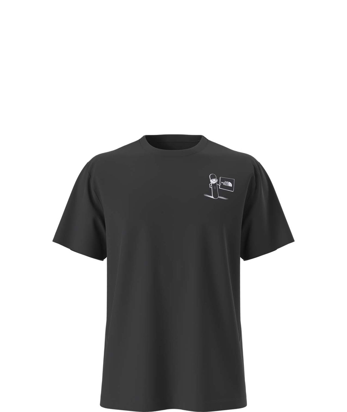 UnisexOppositesAttractRelaxedShort-SleeveTee- Black T-shirt with 'The North Face' logo and snowboard on the right shoulder on a white background