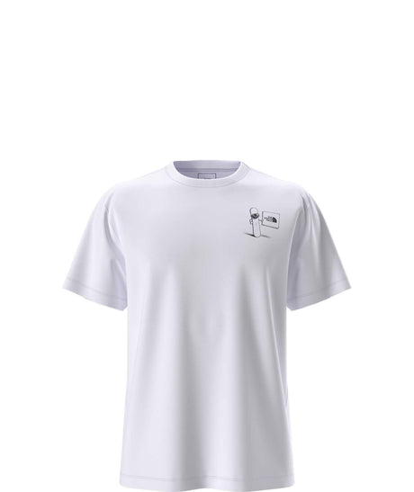 UnisexOppositesAttractRelaxedShort-SleeveTee- White T-shirt with 'The North Face' logo and snowboard on the right shoulder on a white background