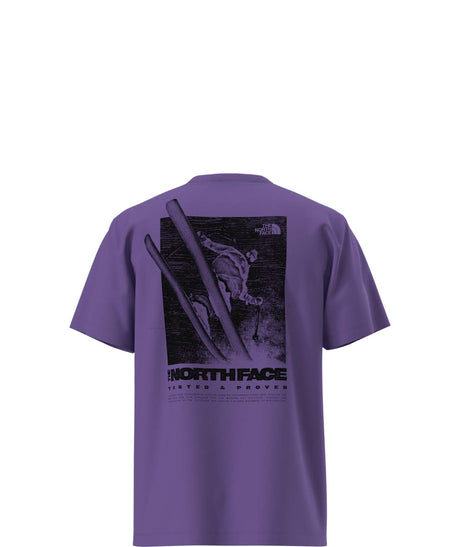 UnisexTestedandProvenRelaxedShort- Purple T-shirt with a picture of a skier on the back on a white background