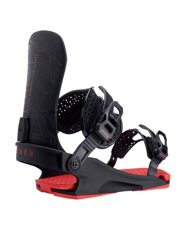 UtilityRedGerard- Black and red snowboard bindings on a white background