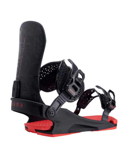UtilityRedGerard- Black and red snowboard bindings on a white background