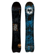 VALHALLA- Black snowboard with tree designs and a card graphic on the top sheet with a blue and black house and tree design on the base
