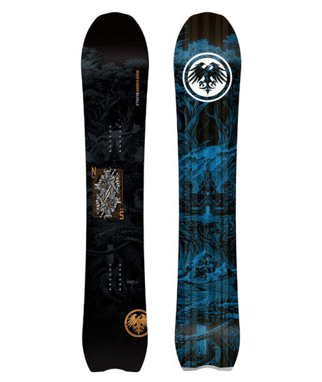VALHALLA- Black snowboard with tree designs and a card graphic on the top sheet with a blue and black house and tree design on the base