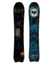 VALHALLA- Black snowboard with tree designs and a card graphic on the top sheet with a blue and black house and tree design on the base