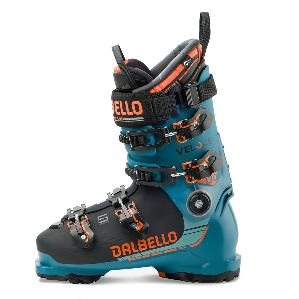 Veloce130MV- Blue, orange, and black Dalbello ski boot on a white background