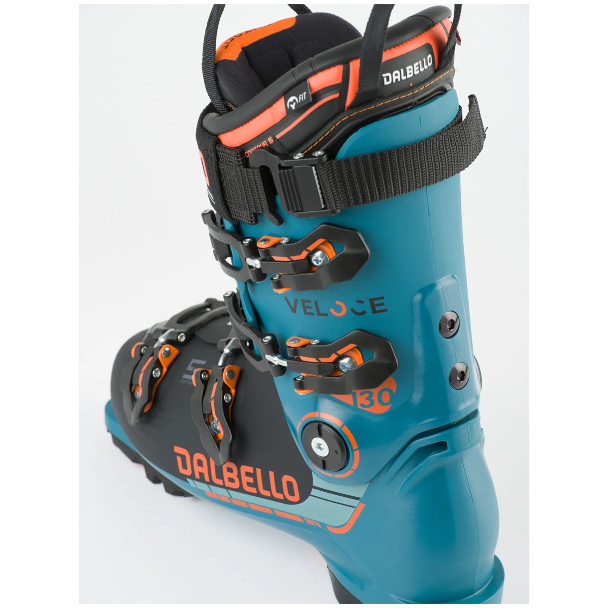Veloce130MV- Blue, orange, and black Dalbello ski boot on a white background