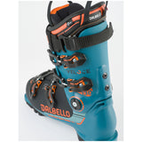 Veloce130MV- Blue, orange, and black Dalbello ski boot on a white background