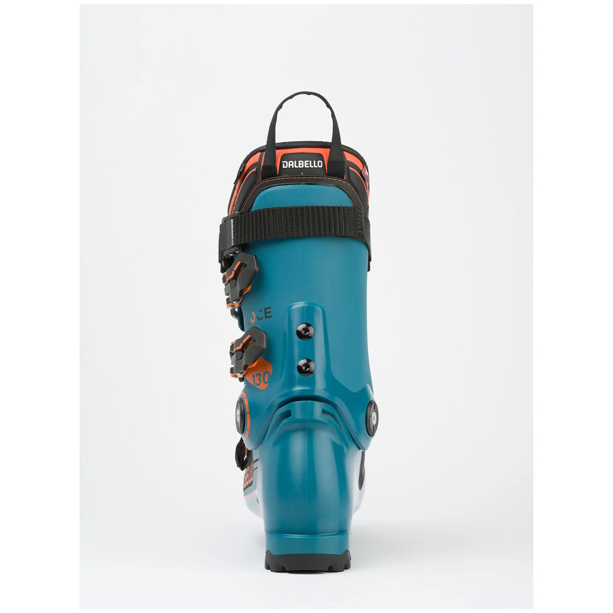 Veloce130MV- Blue, orange, and black Dalbello ski boot on a white background