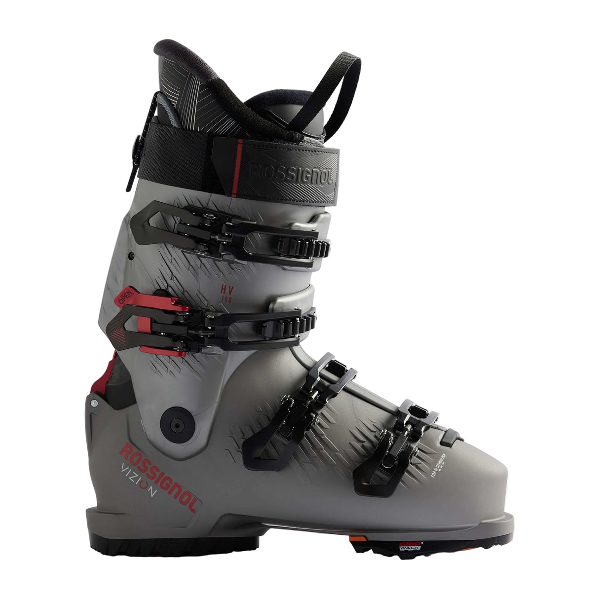 Vizion4B100HV- Grey, black and red ski boot on a white background