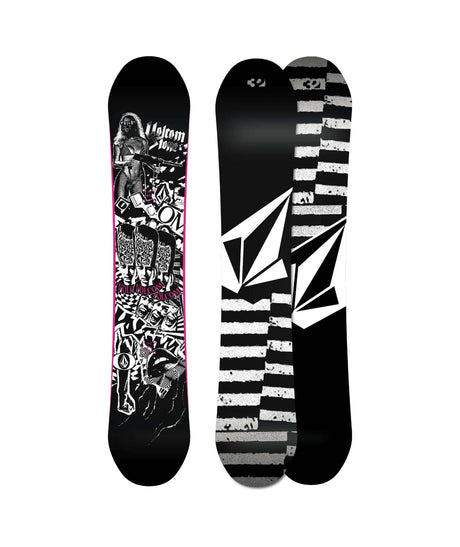 VolcomCreedler- Two views of a snowboard with unique designs on a white background