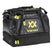 VolklOverUnderWeekendBag- A black Volkl sports duffel bag with bright yellow logo and zipper pull accents, shown on a plain white background.