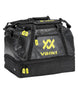 VolklOverUnderWeekendBag- A black Volkl sports duffel bag with bright yellow logo and zipper pull accents, shown on a plain white background.