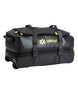 VolklRolling30AllProDuffel- A black Volkl duffel bag with a wheeled suitcase base, featuring gray side panels, black straps, and yellow logo accents on a white background.