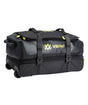 VolklRolling30AllProDuffel- A black Volkl duffel bag with a wheeled suitcase base, featuring gray side panels, black straps, and yellow logo accents on a white background.