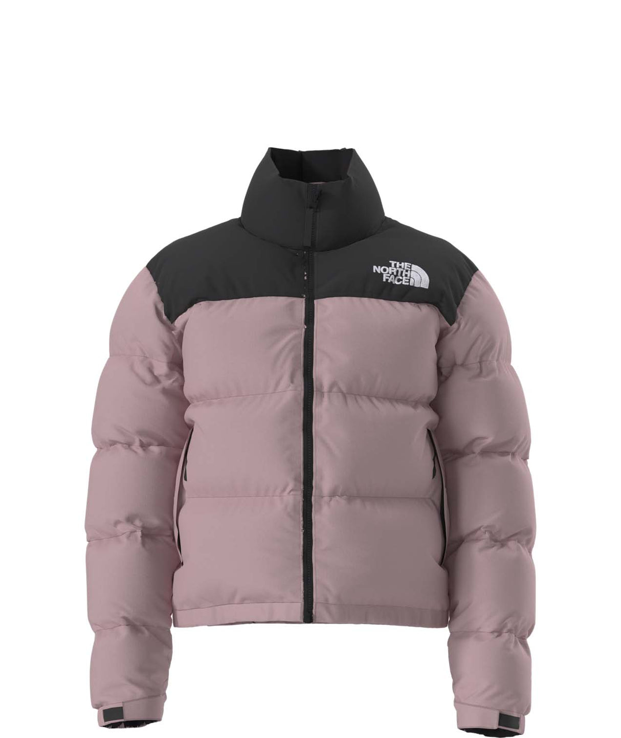 W1996RetroNuptseJacket-Pink puffer jacket with black accents on a white background