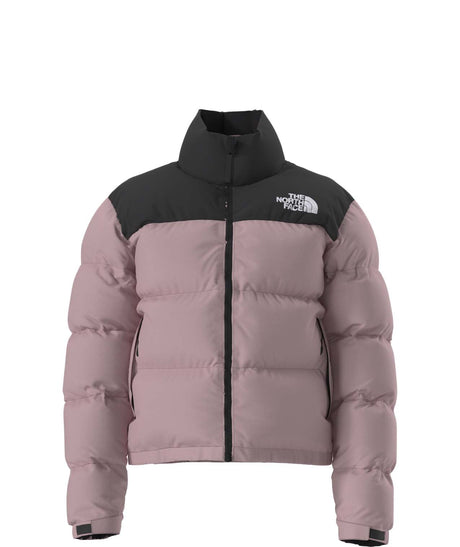 W1996RetroNuptseJacket-Pink puffer jacket with black accents on a white background