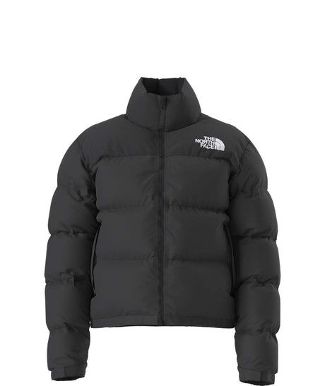 W1996RetroNuptseJacket-Black puffer jacket with The North Face logo on a white background