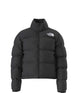 W1996RetroNuptseJacket-Black puffer jacket with The North Face logo on a white background