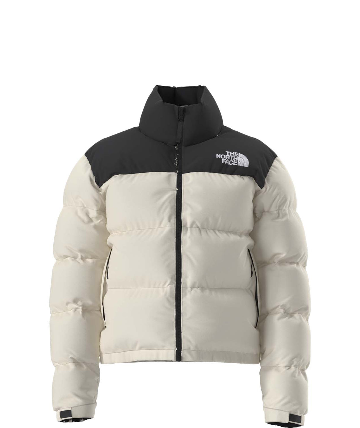 W1996RetroNuptseJacket-White puffer jacket with black accents on a white background