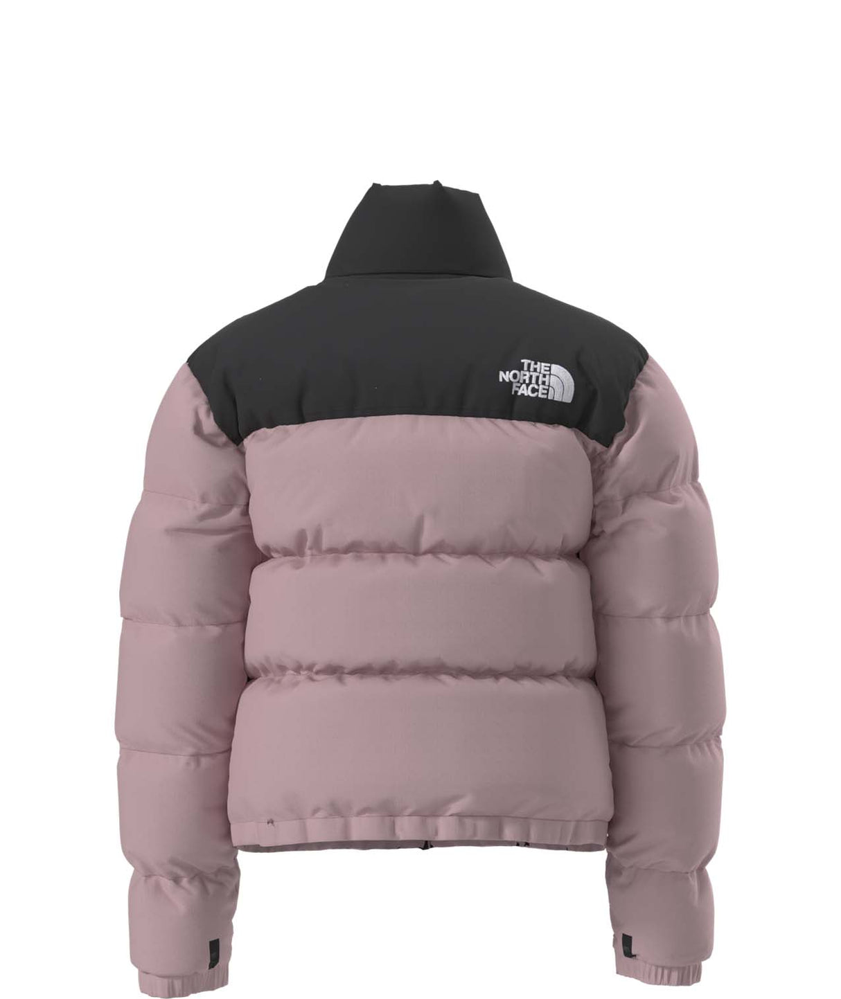 W1996RetroNuptseJacket-Pink puffer jacket with black North Face logo on a white background