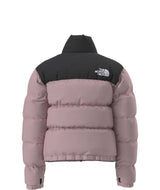 W1996RetroNuptseJacket-Pink puffer jacket with black North Face logo on a white background