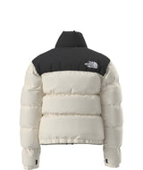 W1996RetroNuptseJacket-White puffer jacket with black hood on a white background