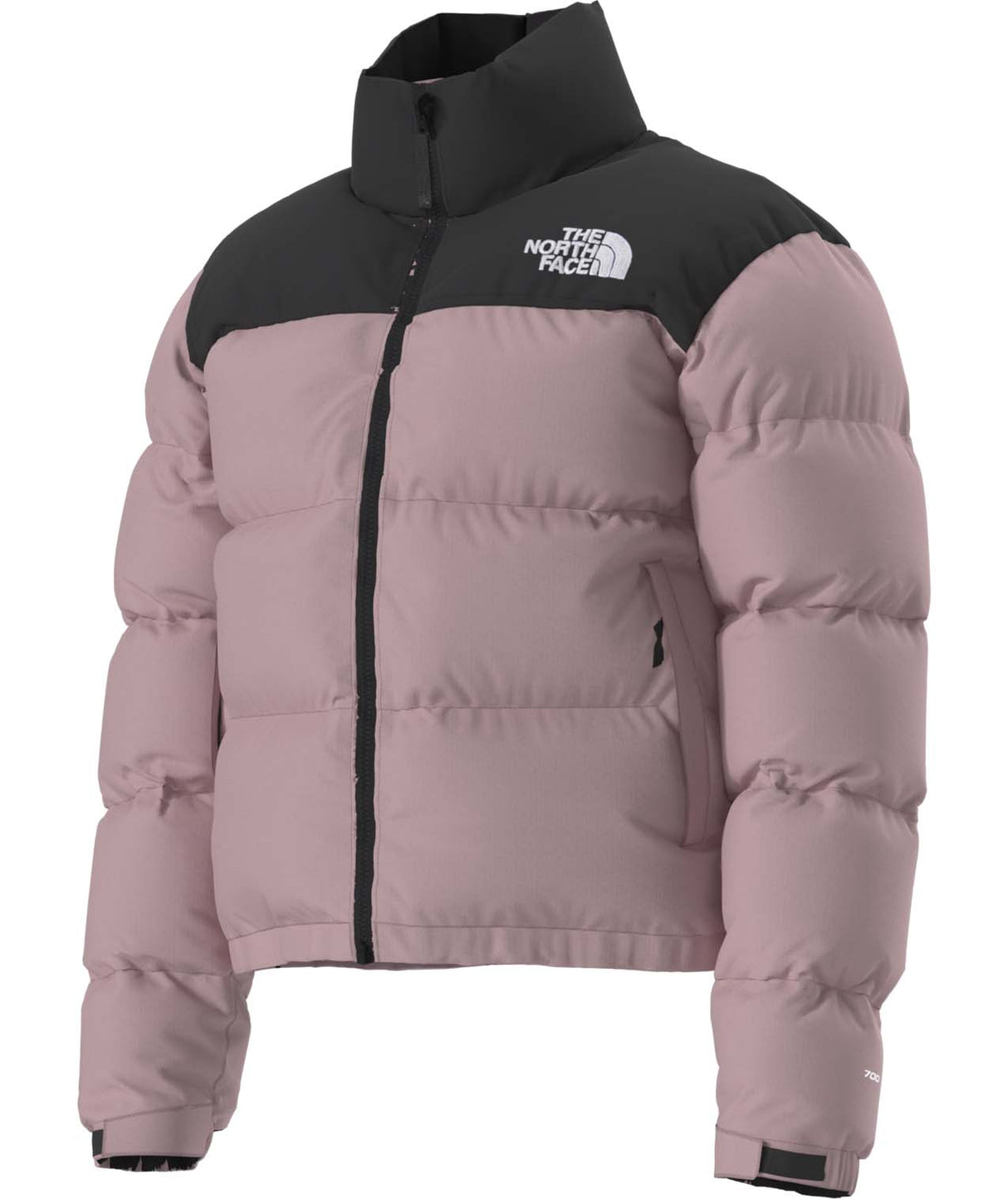 W1996RetroNuptseJacket-Pink puffer jacket with black accents and The North Face logo on a white background