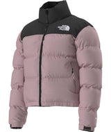 W1996RetroNuptseJacket-Pink puffer jacket with black accents and The North Face logo on a white background