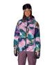 WAthenaInsulatedJacket-Person wearing a colorful camouflage jacket and pink goggles on a white background