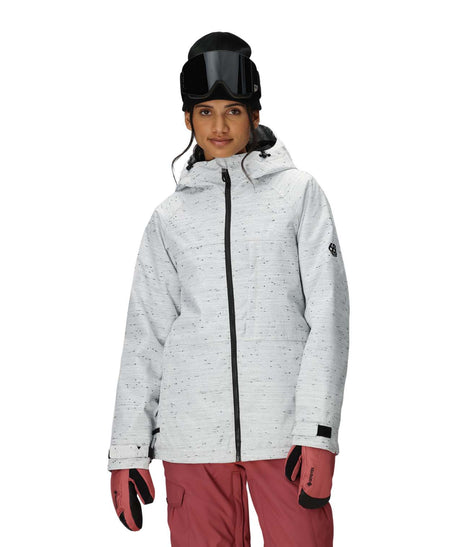 WAthenaInsulatedJacket-Person wearing a white snow jacket, black helmet, and red pants on a white background