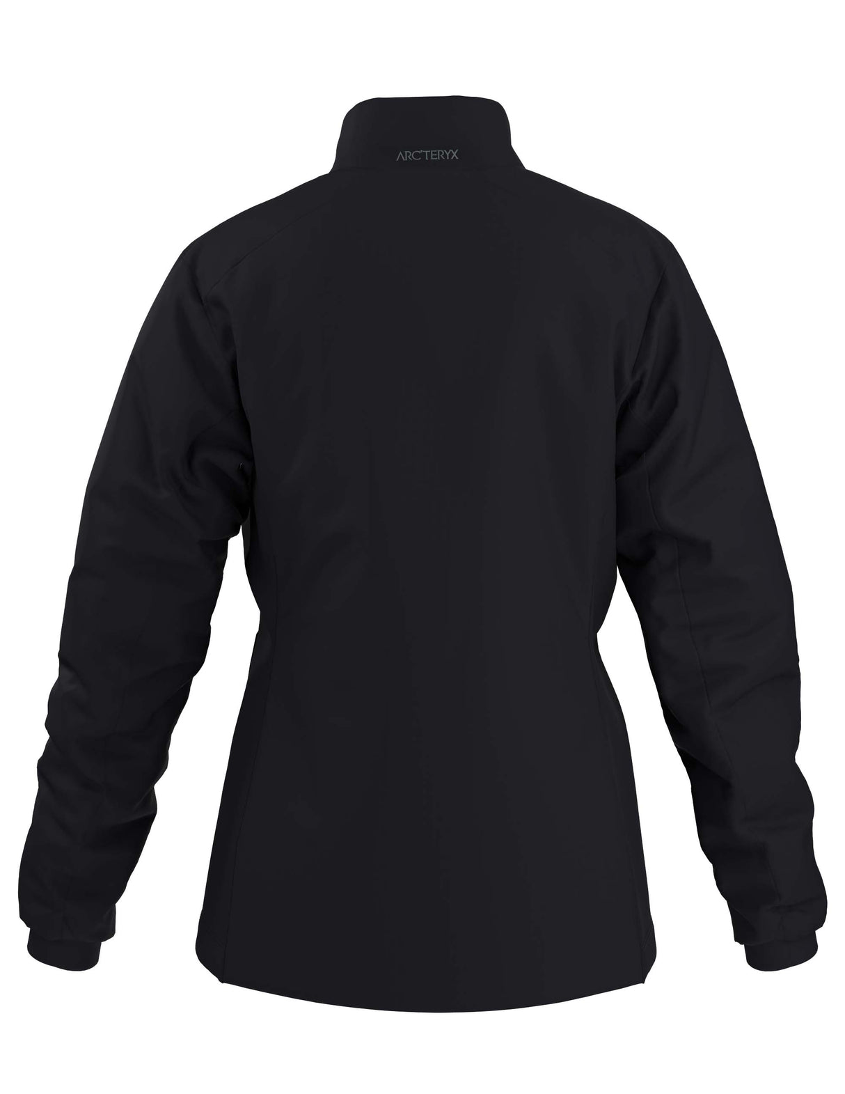WAtomJacket-A black full-zip jacket with a stand-up collar and a small Arc'teryx logo on the left chest, displayed on a clean white background.