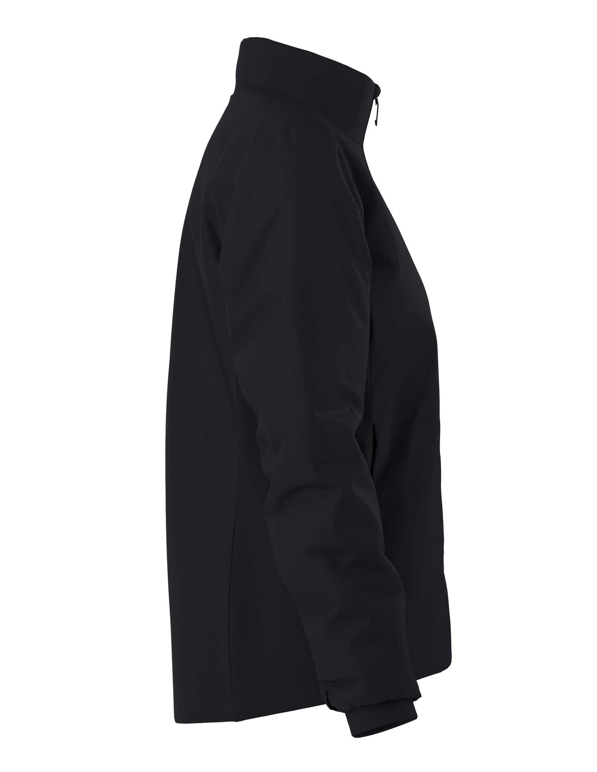WAtomJacket-A black full-zip jacket with a stand-up collar and a small Arc'teryx logo on the left chest, displayed on a clean white background.
