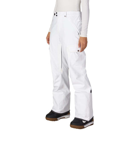 WAuraInsulatedCargoPant-White snow pants worn by a person on a white background