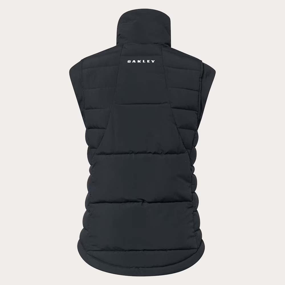 WAutumnRCVest-Black puffer vest with 'Oakley' branding on a light gray background
