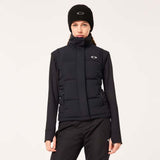 WAutumnRCVest-Person wearing a black puffer vest with a brand logo on a light gray background