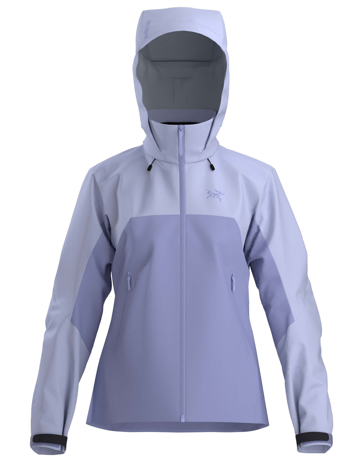 WBetaARJacket-A women's hooded technical jacket in a two-tone light purple and pale blue colorway, featuring a full-front zipper, zippered hand pockets, and a subtle Arc'teryx logo on the left chest.