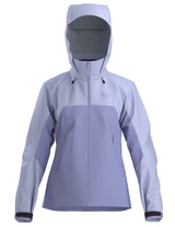 WBetaARJacket-A women's hooded technical jacket in a two-tone light purple and pale blue colorway, featuring a full-front zipper, zippered hand pockets, and a subtle Arc'teryx logo on the left chest.