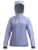 WBetaARJacket-A women's hooded technical jacket in a two-tone light purple and pale blue colorway, featuring a full-front zipper, zippered hand pockets, and a subtle Arc'teryx logo on the left chest.