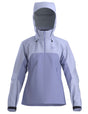 WBetaARJacket-A women's hooded technical jacket in a two-tone light purple and pale blue colorway, featuring a full-front zipper, zippered hand pockets, and a subtle Arc'teryx logo on the left chest.