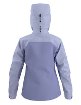 WBetaARJacket-A women's hooded technical jacket in a two-tone light purple and pale blue colorway, featuring a full-front zipper, zippered hand pockets, and a subtle Arc'teryx logo on the left chest.